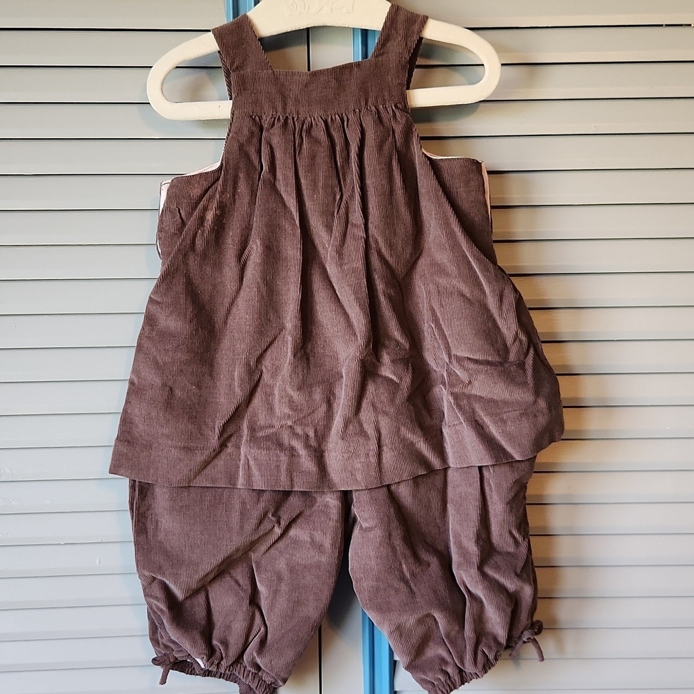 Jacadi Paris Dark Brown Jumpsuit with Pink Floral Embroidery - Picture 7 of 11